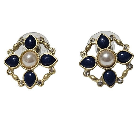 Elegant Retro Faux Pearl Blue Stone Rhinestone Gold Tone Earrings Jewelry - Picture 1 of 5